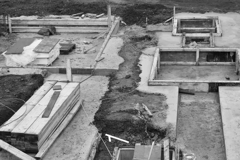 Footing formwork for a house on a dug plot, black and white