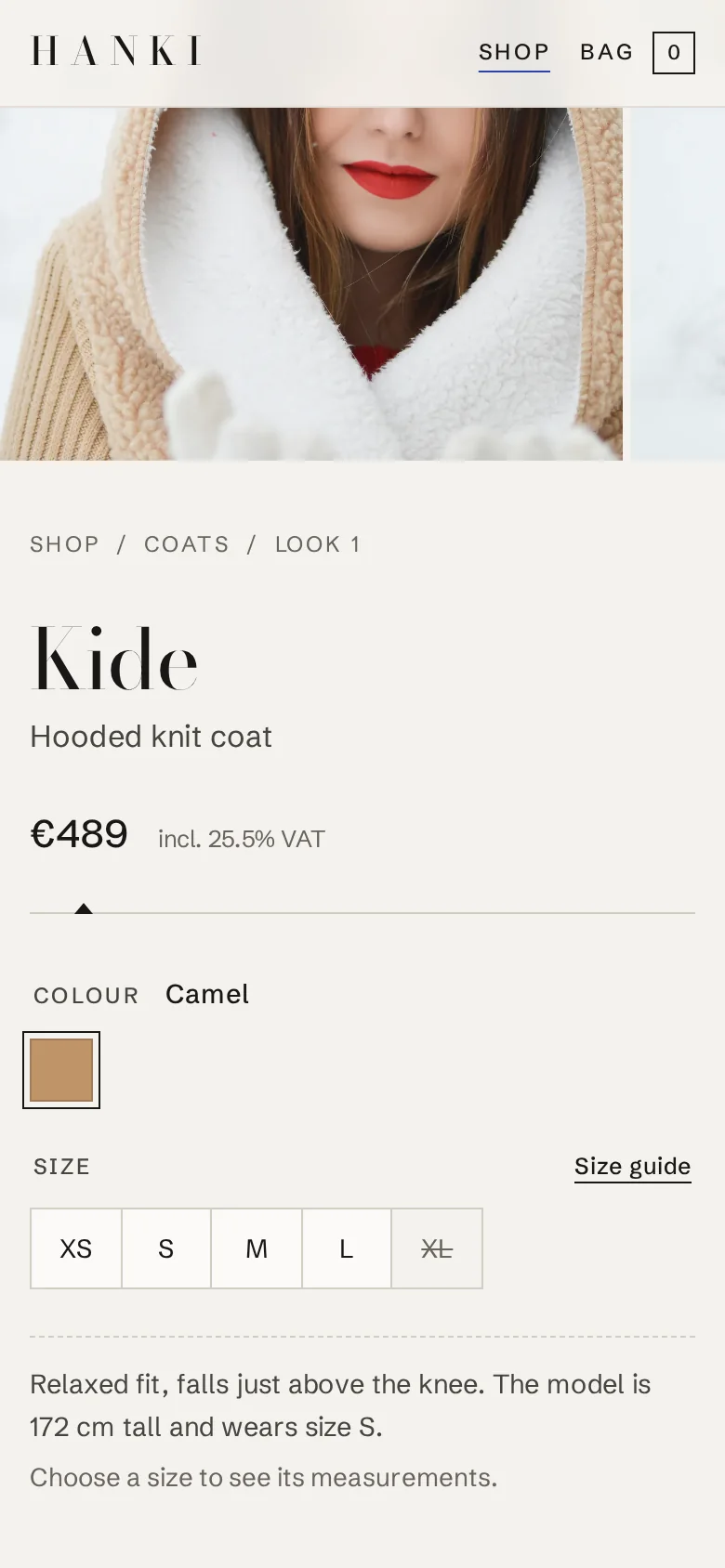 The product page on a phone: the name Kide, price, colour and sizes.