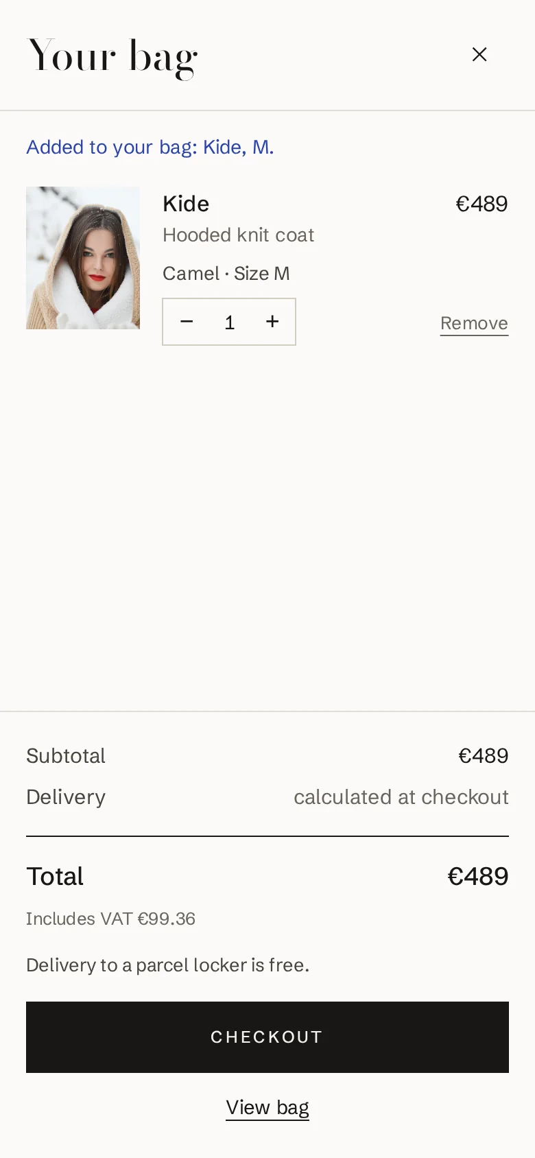 The bag on a phone: Kide added, the subtotal and the checkout button.