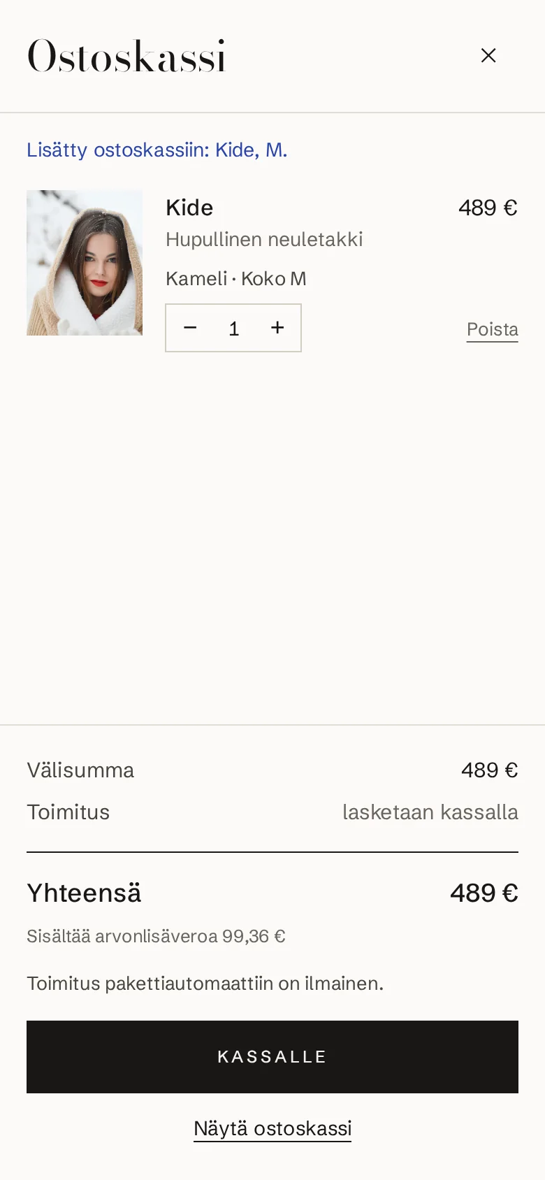 Ostoskassi puhelimella: Kide lisätty, välisumma ja Kassalle-painike.