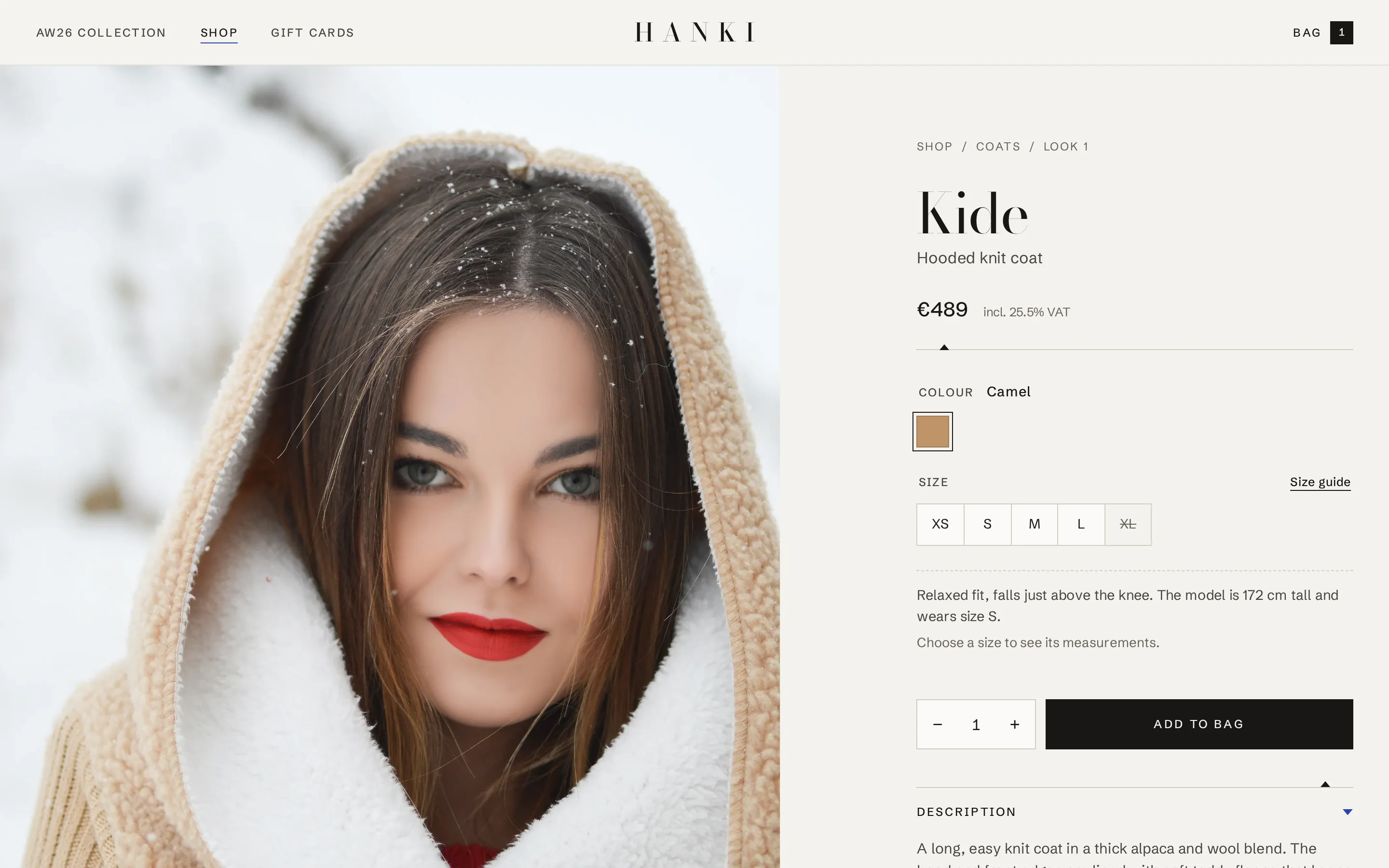 The finished product page: the Kide coat photo, price €489, colour and sizes, XL sold out.