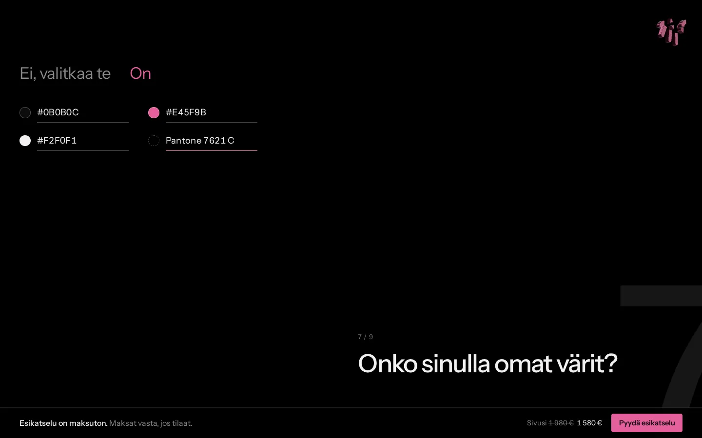 Värikoodit kenttinä, jokaisen vieressä sen väri.