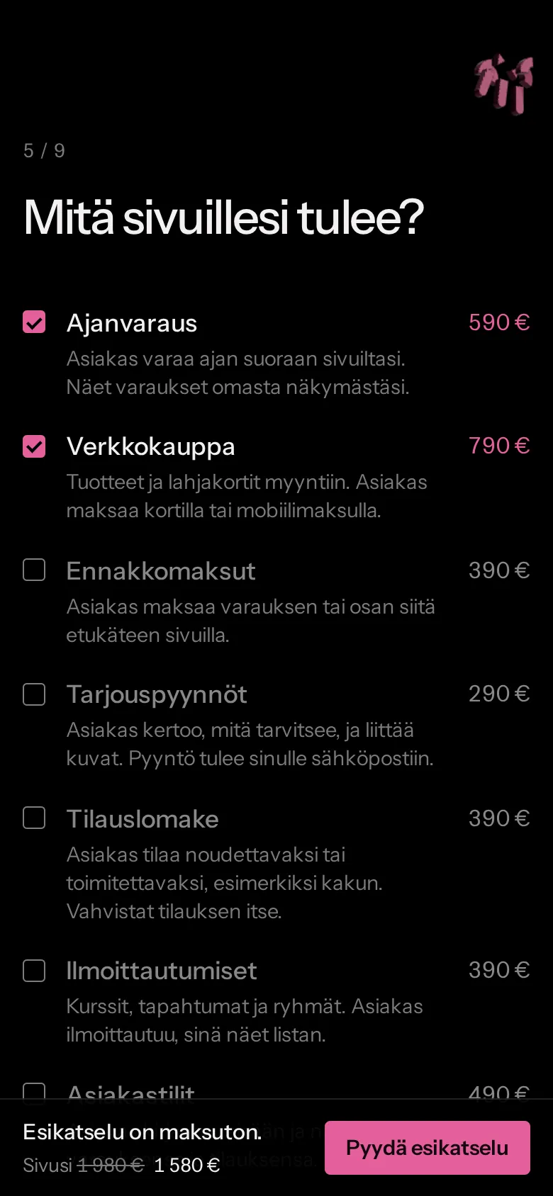 Puhelimessa: toiminnot hintoineen.
